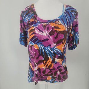 St. John Floral Jeweled Short Sleeve Blouse Top Short Sleeve Women's Size Large